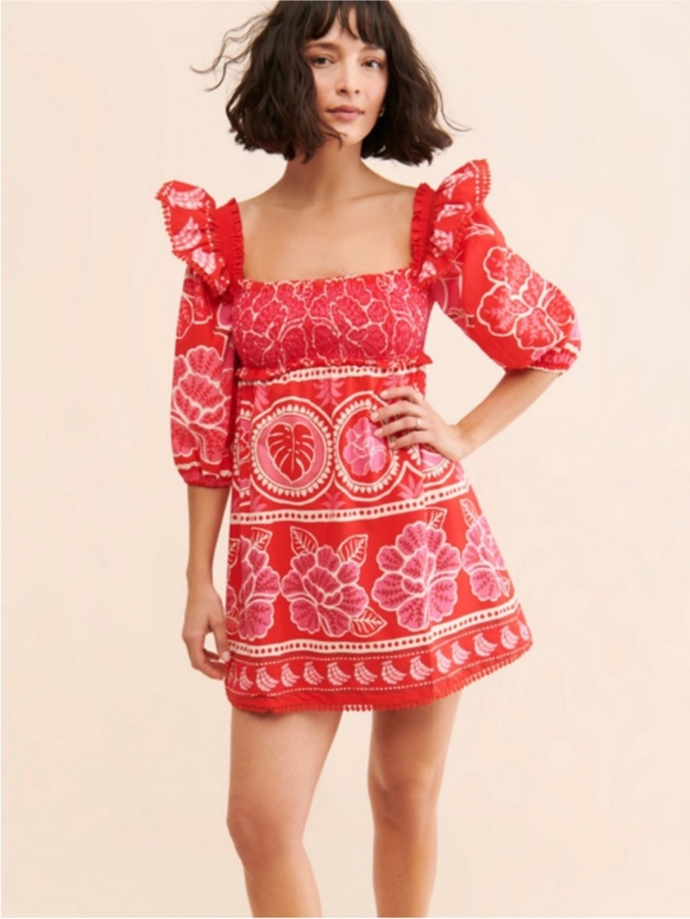 Farm Rio Summer Sunrise Mini Dress in Bright Pink-Red